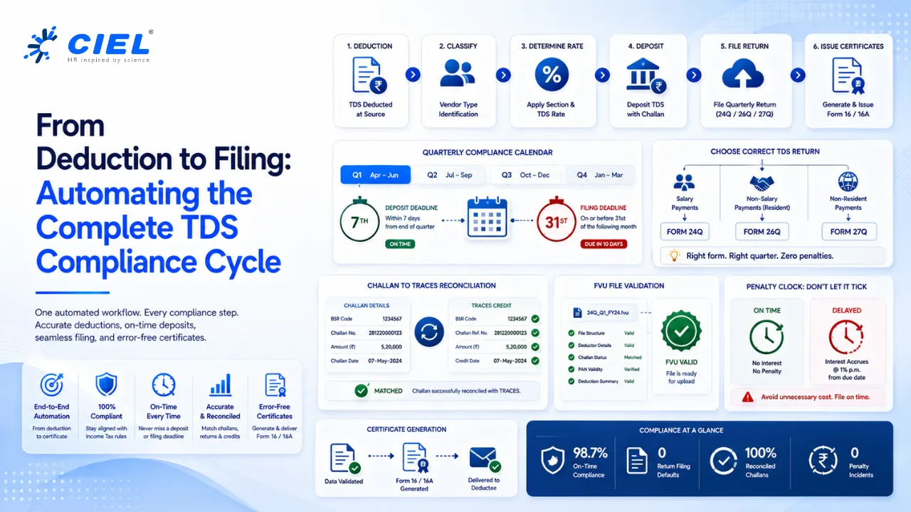 Automate TDS deduction mapping, challan reconciliation & quarterly filing (24Q/26Q/27Q) to avoid late fees, interest penalties & TRACES rejections.